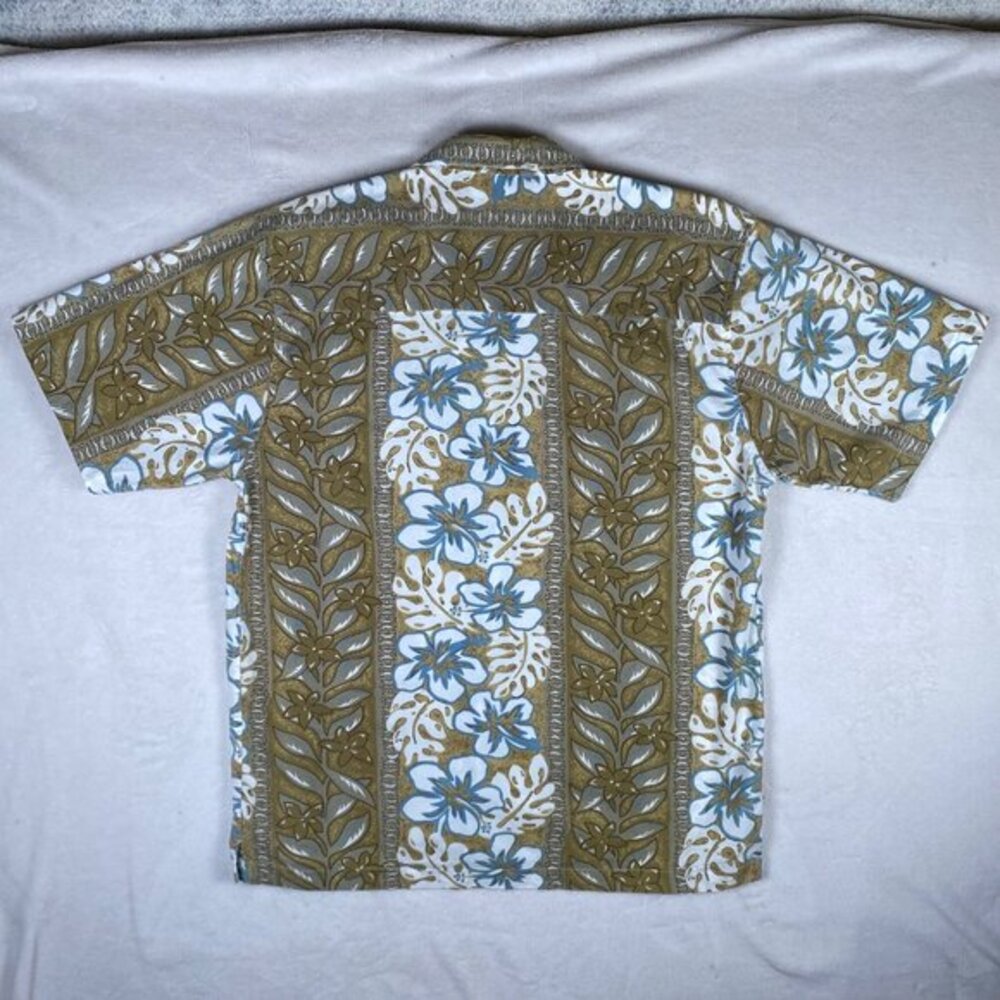 Malibu Dreams Mens Hawaiian Shirt L Cotton Floral Olive/Blue Short Sleeve - Picture 2 of 8